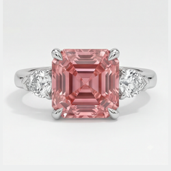 Bague Trilogie Saphir Padparadscha Véritable 3,6 Carats Taille Asscher et Trilliants Blancs en Platine