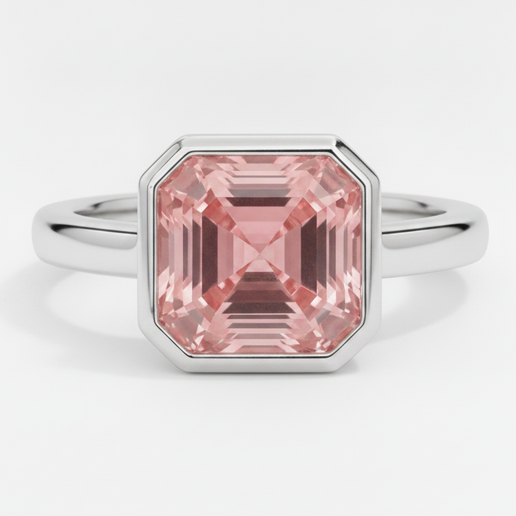 Bague Solitaire en Platine à Lunette, Véritable Saphir Padparadscha Couleur Pêche 3 Carats Taille Asscher