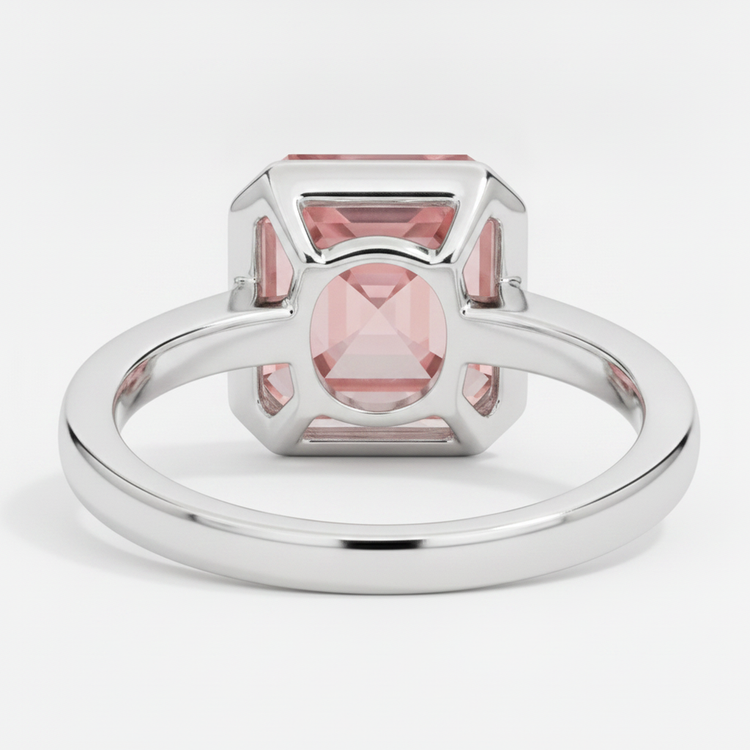 Bague Solitaire en Platine à Lunette, Véritable Saphir Padparadscha Couleur Pêche 3 Carats Taille Asscher