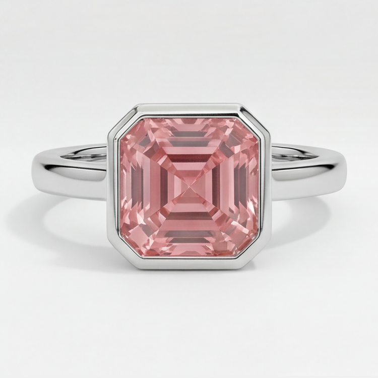 Bague Solitaire en Platine à Lunette, Véritable Saphir Padparadscha Couleur Pêche 3 Carats Taille Asscher
