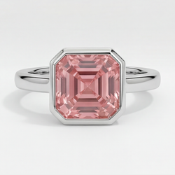 Bague Solitaire à Lunette en Platine avec Véritable Saphir Padparadscha Couleur Pêche Taille Asscher 3 Carats