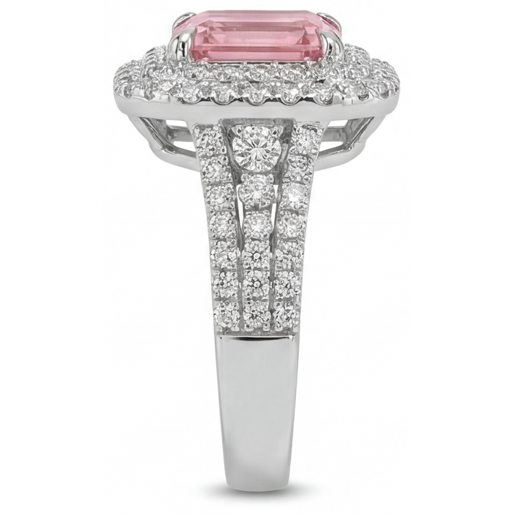 Bague Double Halo en Or Blanc 14K avec Saphir de laboratoire Padparadscha couleur pêche taille Asscher 4,5 carats