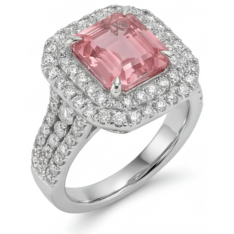 Bague Double Halo en Or Blanc 14K avec Saphir de laboratoire Padparadscha couleur pêche taille Asscher 4,5 carats