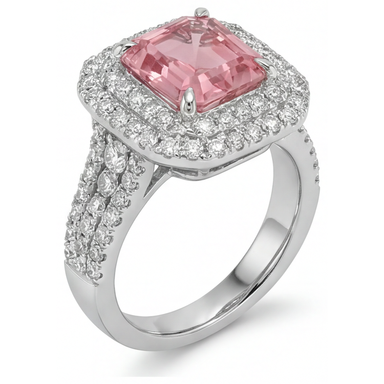 Bague Double Halo en Or Blanc 14K avec Saphir de laboratoire Padparadscha couleur pêche taille Asscher 4,5 carats