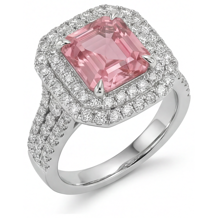 Bague Double Halo en Or Blanc 14K avec Saphir de laboratoire Padparadscha couleur pêche taille Asscher 4,5 carats