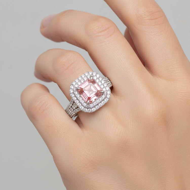 Bague Double Halo en Or Blanc 14K avec Saphir de laboratoire Padparadscha couleur pêche taille Asscher 4,5 carats