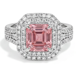 Bague Double Halo en Or Blanc 14K avec Saphir de laboratoire Padparadscha couleur pêche taille Asscher 4,5 carats
