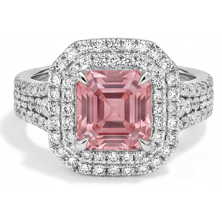 Bague Double Halo en Or Blanc 14K avec Saphir de laboratoire Padparadscha couleur pêche taille Asscher 4,5 carats