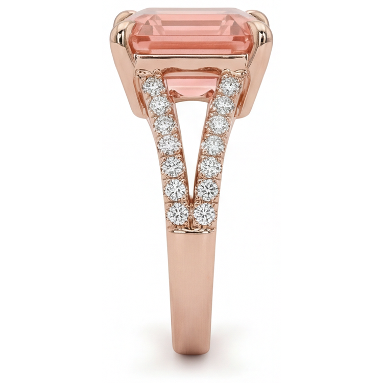 Bague Saphir Padparadscha de laboratoire 4,3 Carats, taille Asscher, serti pavé, Or Rose 14 carats