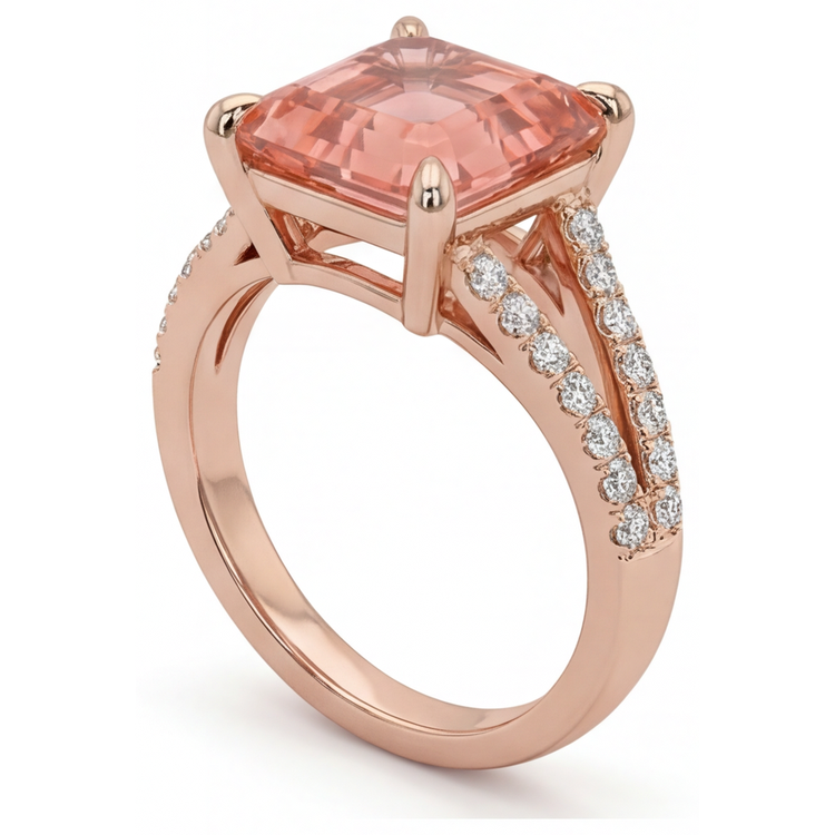 Bague Saphir Padparadscha de laboratoire 4,3 Carats, taille Asscher, serti pavé, Or Rose 14 carats