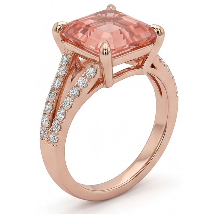 Bague Saphir Padparadscha de laboratoire 4,3 Carats, taille Asscher, serti pavé, Or Rose 14 carats