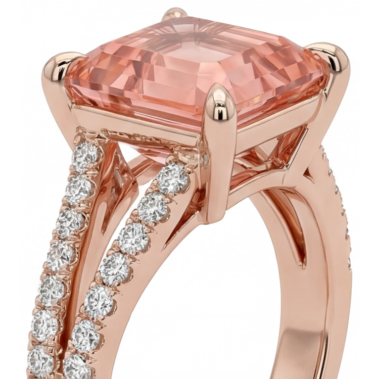 Bague Saphir Padparadscha de laboratoire 4,3 Carats, taille Asscher, serti pavé, Or Rose 14 carats