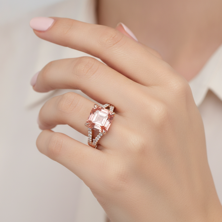 Bague Saphir Padparadscha de laboratoire 4,3 Carats, taille Asscher, serti pavé, Or Rose 14 carats