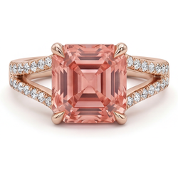 Bague Saphir Padparadscha de laboratoire 4,3 Carats, taille Asscher, serti pavé, Or Rose 14 carats