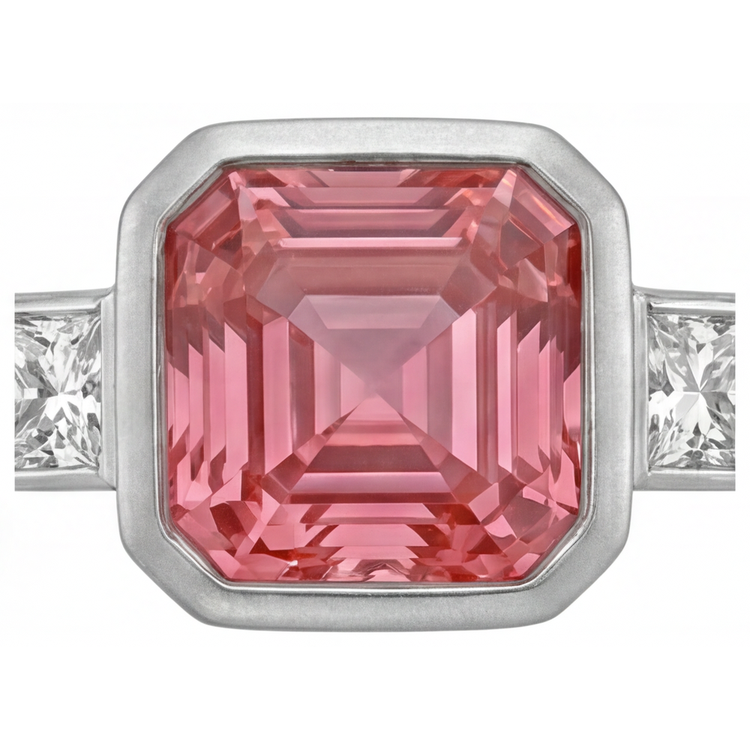 Bague de Fiançailles Saphir Pêche 2,9 Carats Padparadscha Naturel Asscher et Baguettes Blanches Lunette Trois Pierres en Or 14 Carats