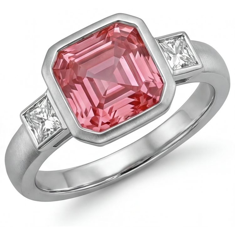 Bague de Fiançailles Saphir Pêche 2,9 Carats Padparadscha Naturel Asscher et Baguettes Blanches Lunette Trois Pierres en Or 14 Carats