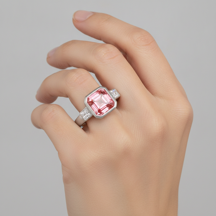 Bague de Fiançailles Saphir Pêche 2,9 Carats Padparadscha Naturel Asscher et Baguettes Blanches Lunette Trois Pierres en Or 14 Carats