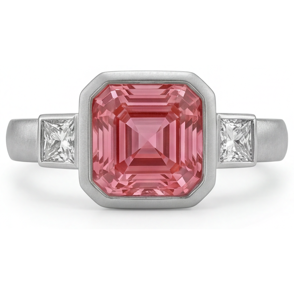 Bague de Fiançailles Saphir Pêche Padparadscha Naturel Taille Asscher 2,9 Carats et Baguettes Blanches, Lunette Trois Pierres en Or 14 Carats