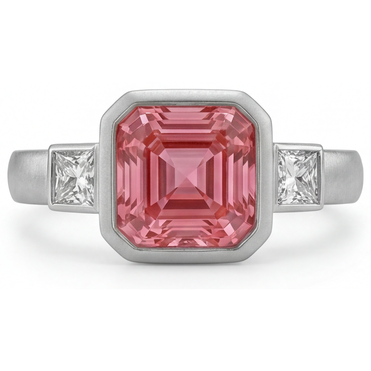 Bague de Fiançailles Saphir Pêche 2,9 Carats Padparadscha Naturel Asscher et Baguettes Blanches Lunette Trois Pierres en Or 14 Carats