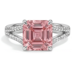 Bague Pavée en Or Blanc 14 Carats avec Saphir Padparadscha Pêche Naturel Taille Asscher de 3,8 Carats