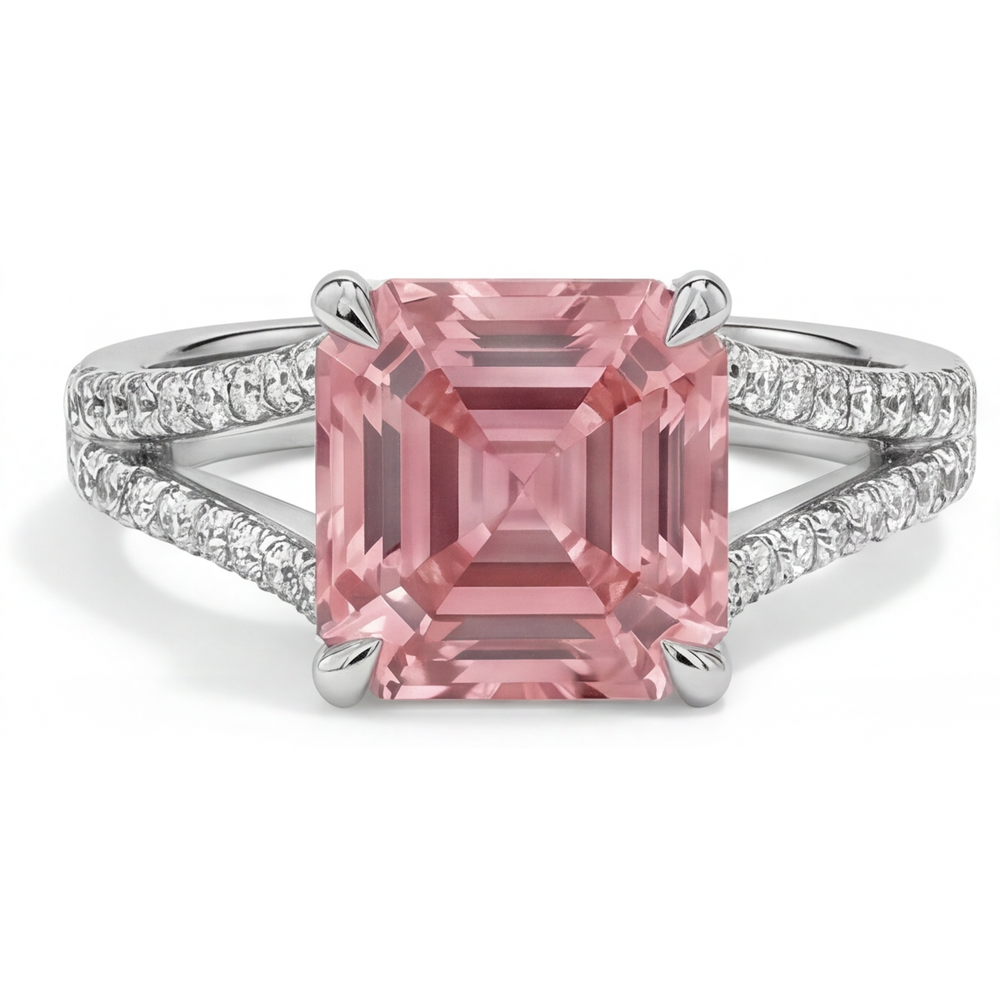Bague pavée en Or Blanc 14 carats avec saphir padparadscha pêche naturel taille Asscher de 3,8 carats