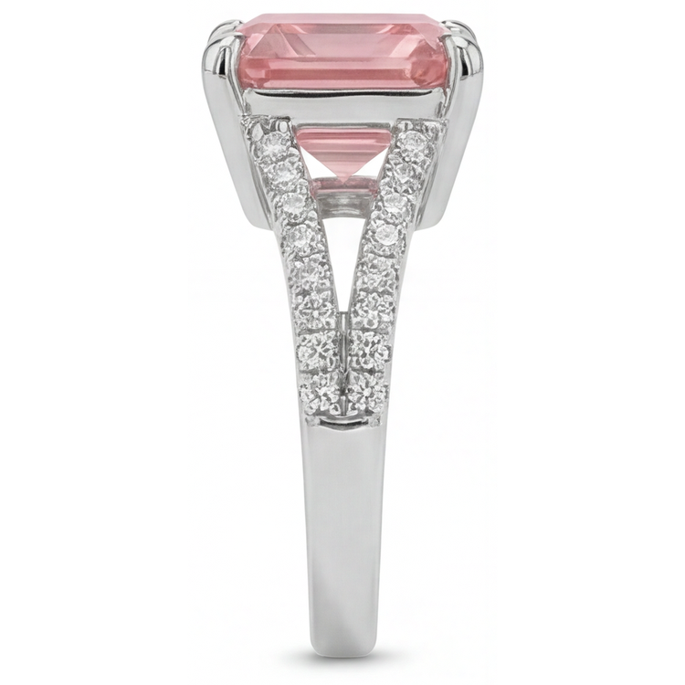 Bague Pavée en Or Blanc 14 Carats avec Saphir Padparadscha Pêche Naturel Taille Asscher de 3,8 Carats