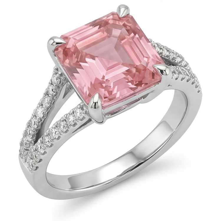 Bague de Fiançailles Saphir Pêche Padparadscha Naturel Taille Asscher 3,8 Carats Pavé Or Blanc 14 Carats