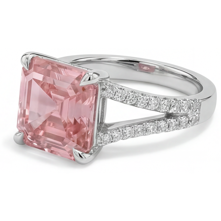 Bague Pavée en Or Blanc 14 Carats avec Saphir Padparadscha Pêche Naturel Taille Asscher de 3,8 Carats