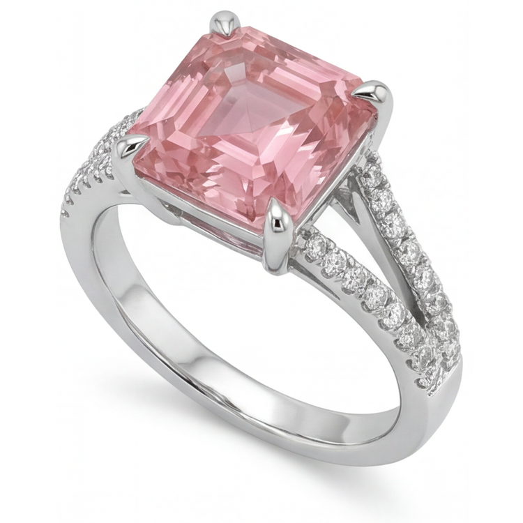 Bague de Fiançailles Saphir Pêche Padparadscha Naturel Taille Asscher 3,8 Carats Pavé Or Blanc 14 Carats