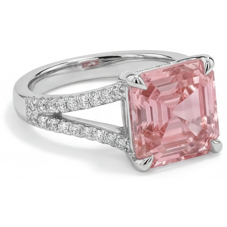 Bague Pavée en Or Blanc 14 Carats avec Saphir Padparadscha Pêche Naturel Taille Asscher de 3,8 Carats