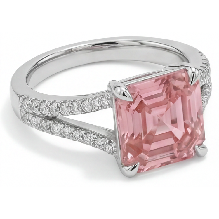Bague Pavée en Or Blanc 14 Carats avec Saphir Padparadscha Pêche Naturel Taille Asscher de 3,8 Carats