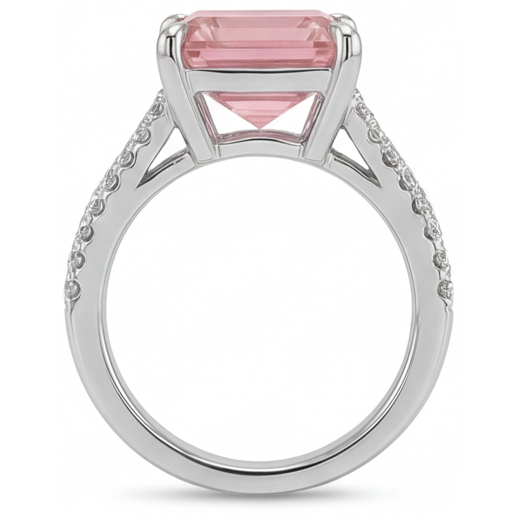 Bague de Fiançailles Saphir Pêche Padparadscha Naturel Taille Asscher 3,8 Carats Pavé Or Blanc 14 Carats