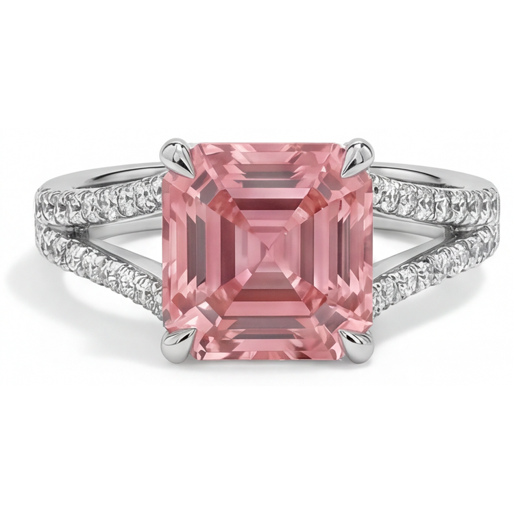 Bague de Fiançailles Saphir Padparadscha Pêche Naturel 3,8 Carats Taille Asscher Pavé en Or Blanc 14 Carats