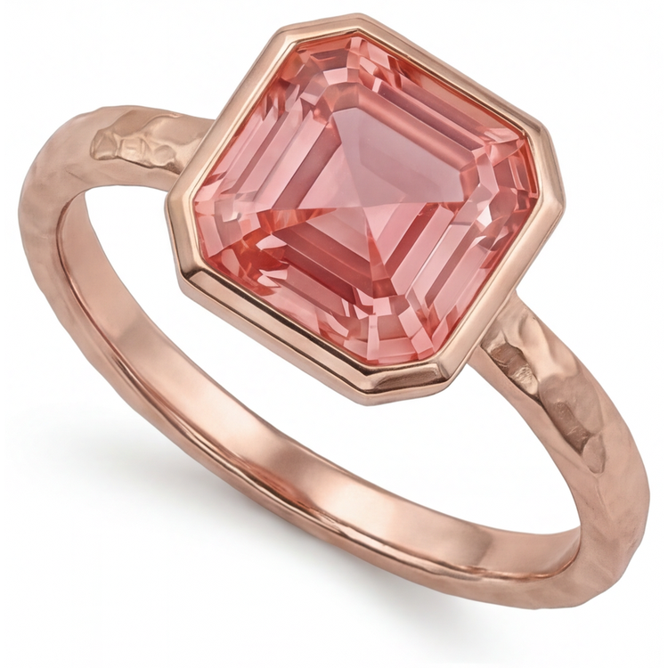 Bague de Fiançailles Solitaire Lunette en Or Rose avec Saphir Padparadscha Pêche Véritable Taille Asscher 2,5 Carats