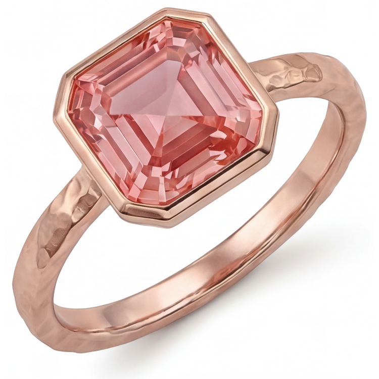 Bague de Fiançailles Solitaire à Lunette en Or Rose avec Véritable Saphir Padparadscha Pêche 2,5 Carats Taille Asscher