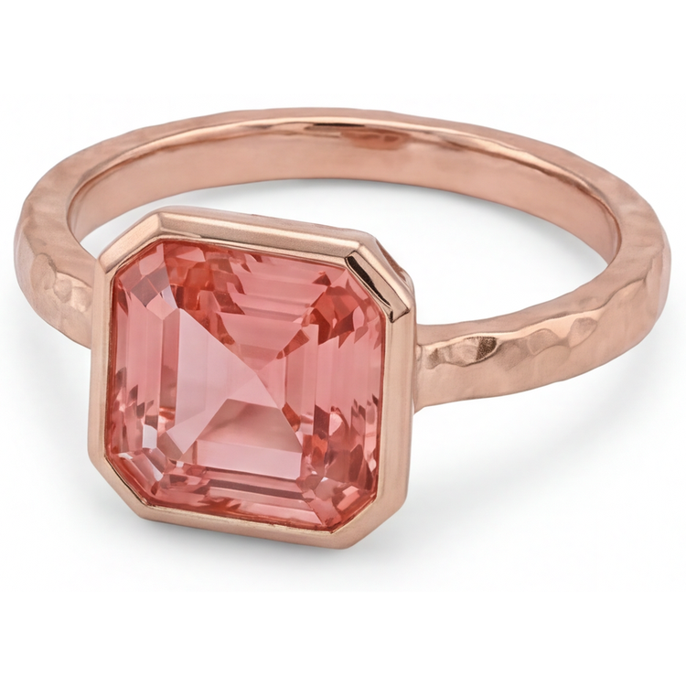 Bague de Fiançailles Solitaire Lunette en Or Rose avec Saphir Padparadscha Pêche Véritable Taille Asscher 2,5 Carats
