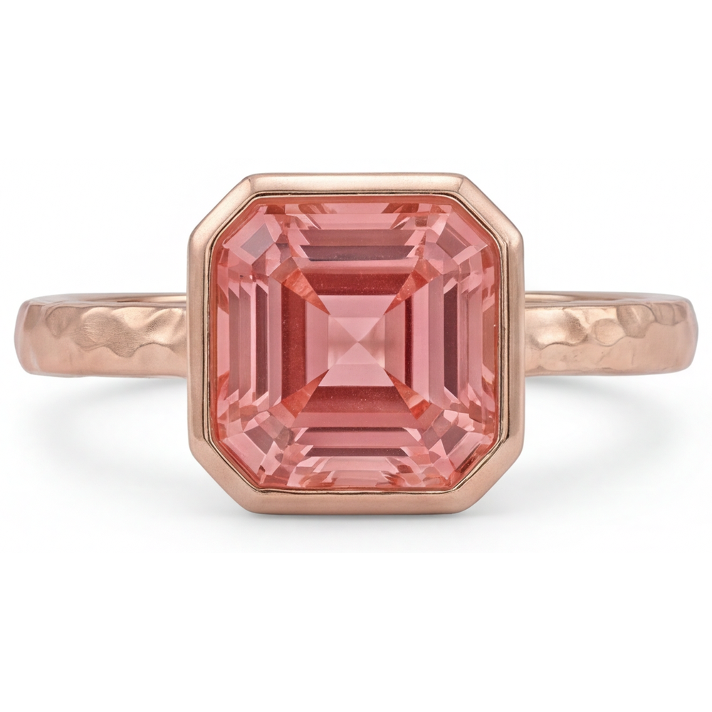 Bague de Fiançailles Solitaire Lunette en Or Rose avec Saphir Padparadscha Pêche Véritable Taille Asscher 2,5 Carats