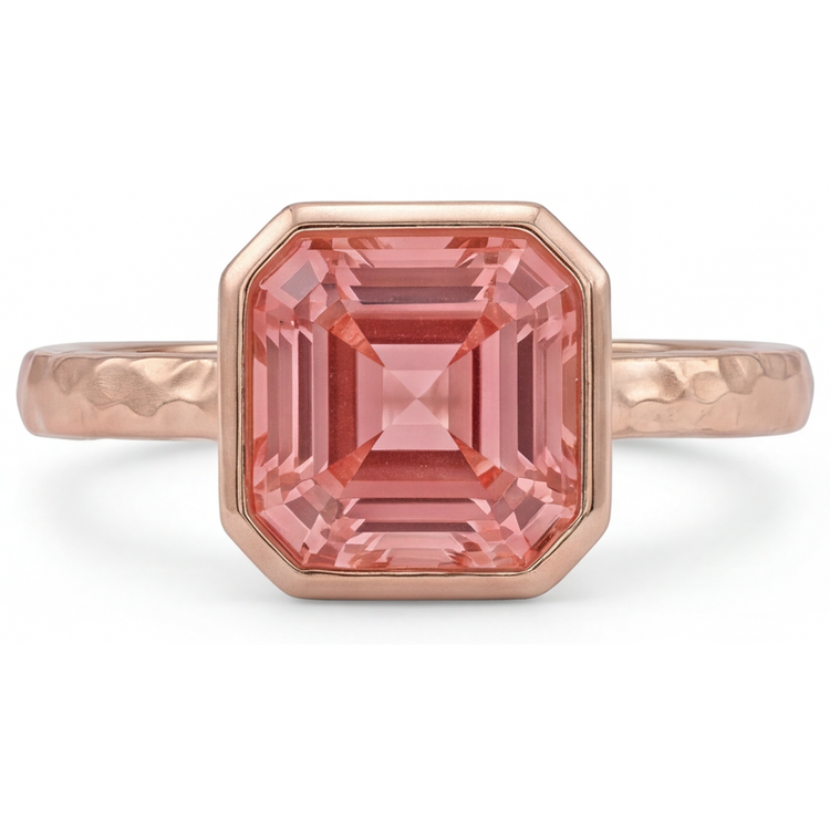 Bague de Fiançailles Solitaire à Lunette en Or Rose avec Véritable Saphir Padparadscha Pêche 2,5 Carats Taille Asscher