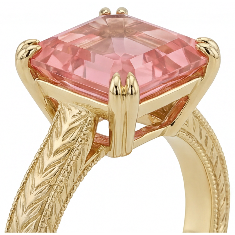 Bague de Fiançailles Solitaire Saphir Padparadscha Pêche Naturel Taille Asscher 3,5 Carats en Or Jaune 14 Carats