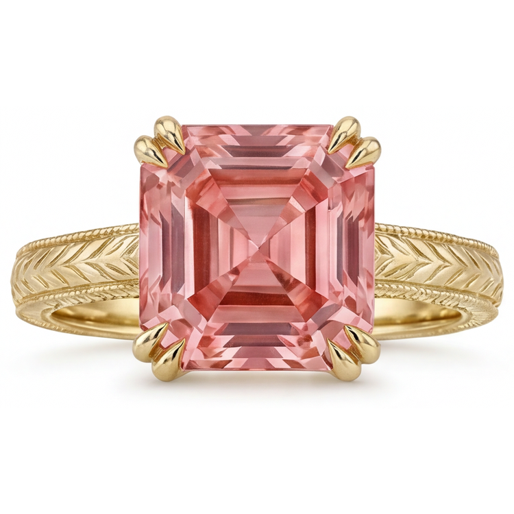 Bague de Fiançailles Solitaire Saphir Padparadscha Pêche Naturel 3,5 Carats Taille Asscher en Or Jaune 14K