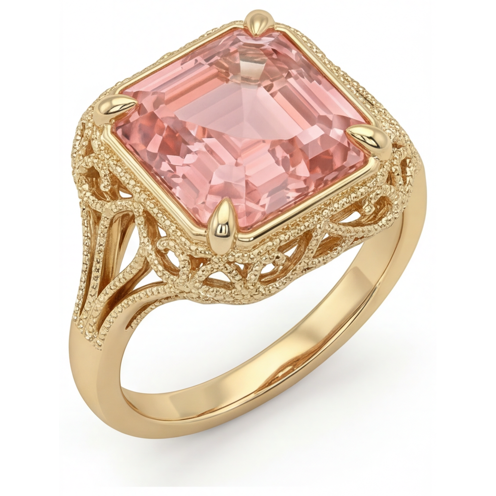 Bague Solitaire Vintage en Or Jaune 14 Carats, Saphir Padparadscha Véritable Couleur Pêche 3,5 Carats Taille Asscher