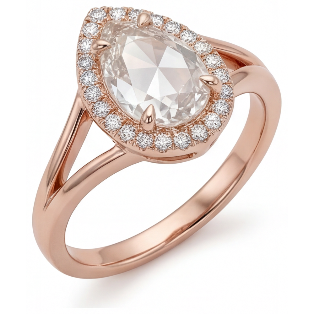 Bague de Fiançailles Halo Or Rose 14 Carats avec Brillant – vue de côté