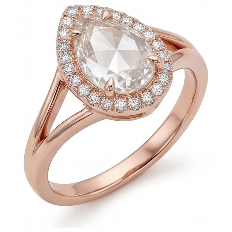 Bague de Fiançailles Halo Or Rose 14 Carats avec Brillant – vue de côté