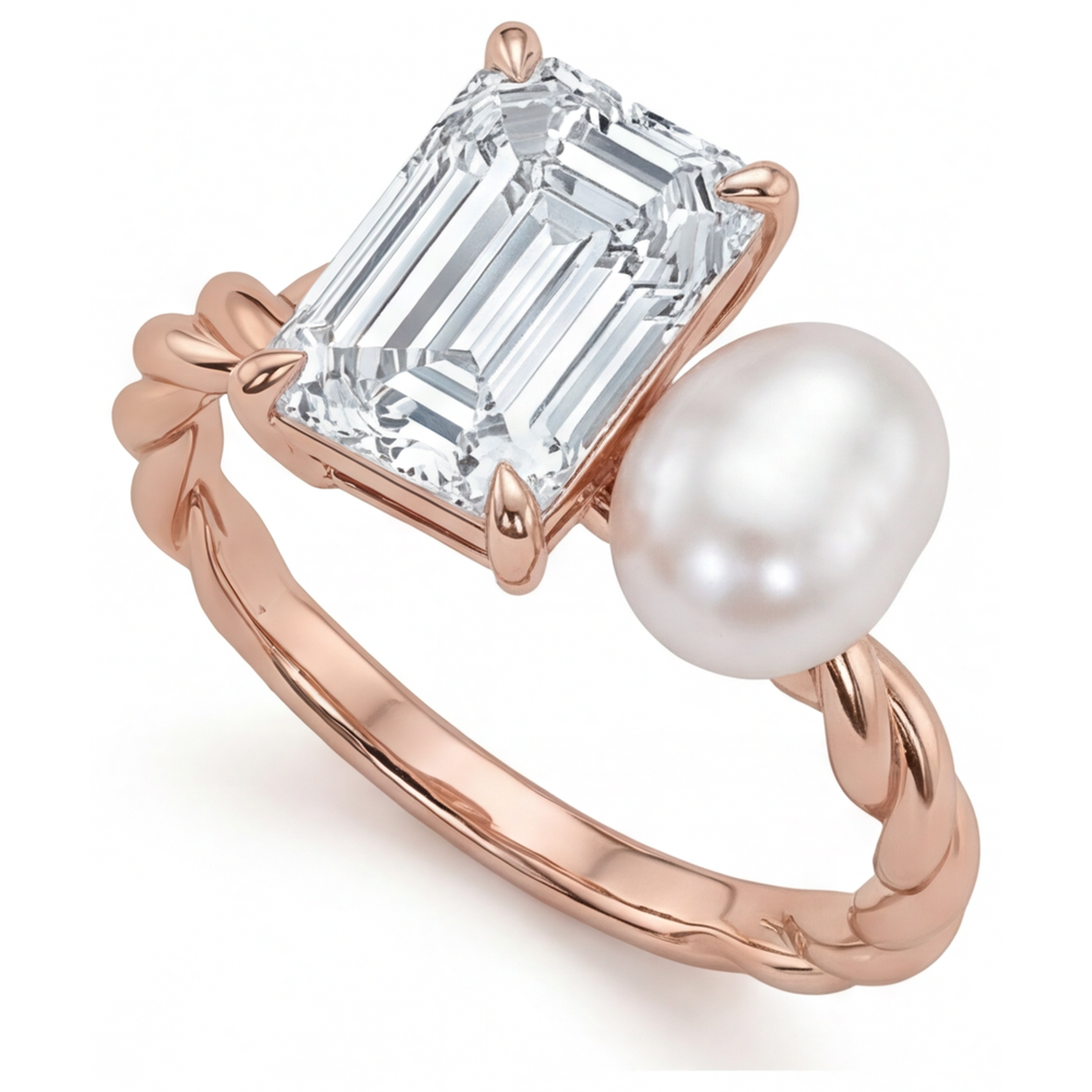 Brillant Taille Émeraude Bague Joaillerie en Or Rose 14 Carats – vue de face