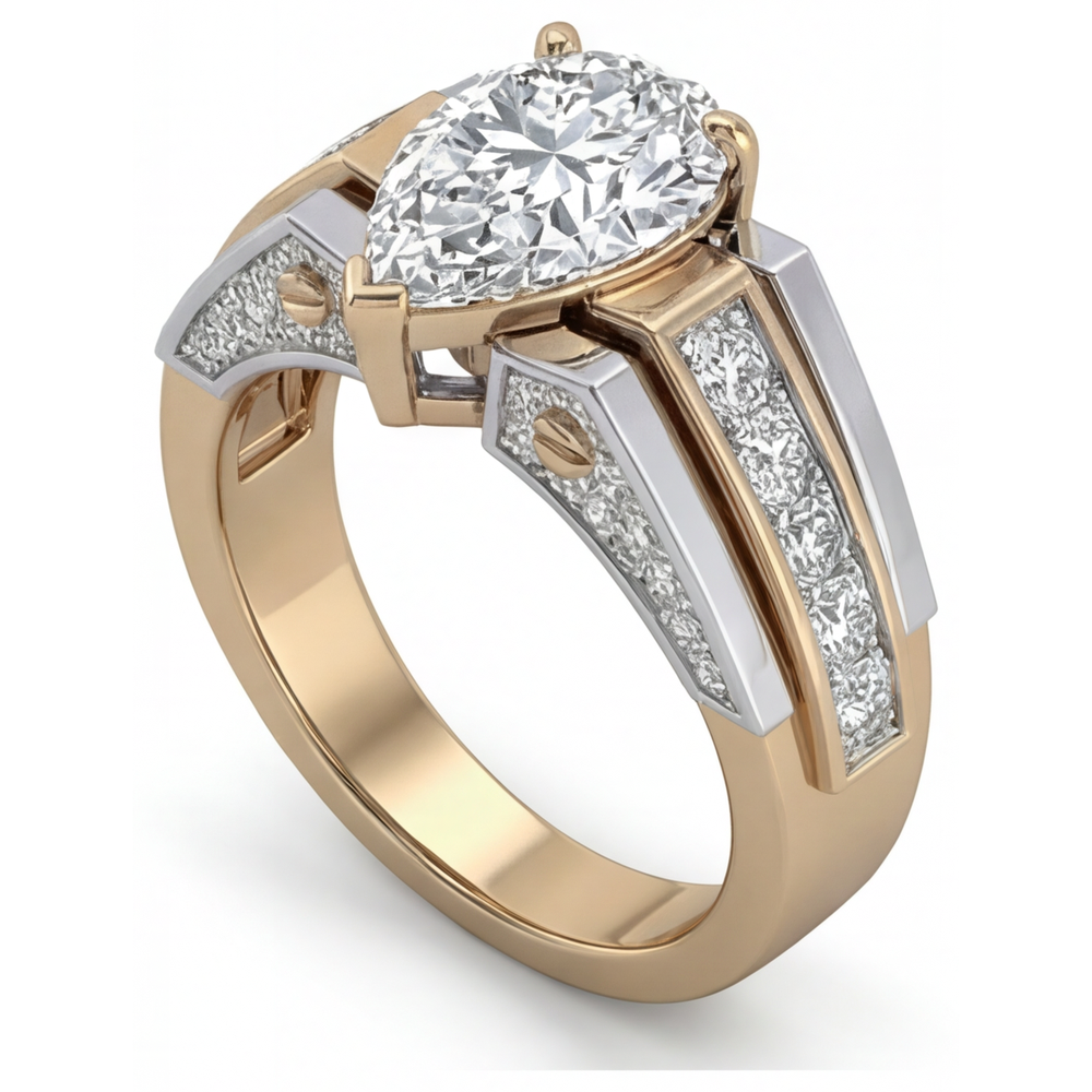 Brillant Taille Poire Bague Solitaire avec Accents en Or 14K Bicolore – vue de dessus
