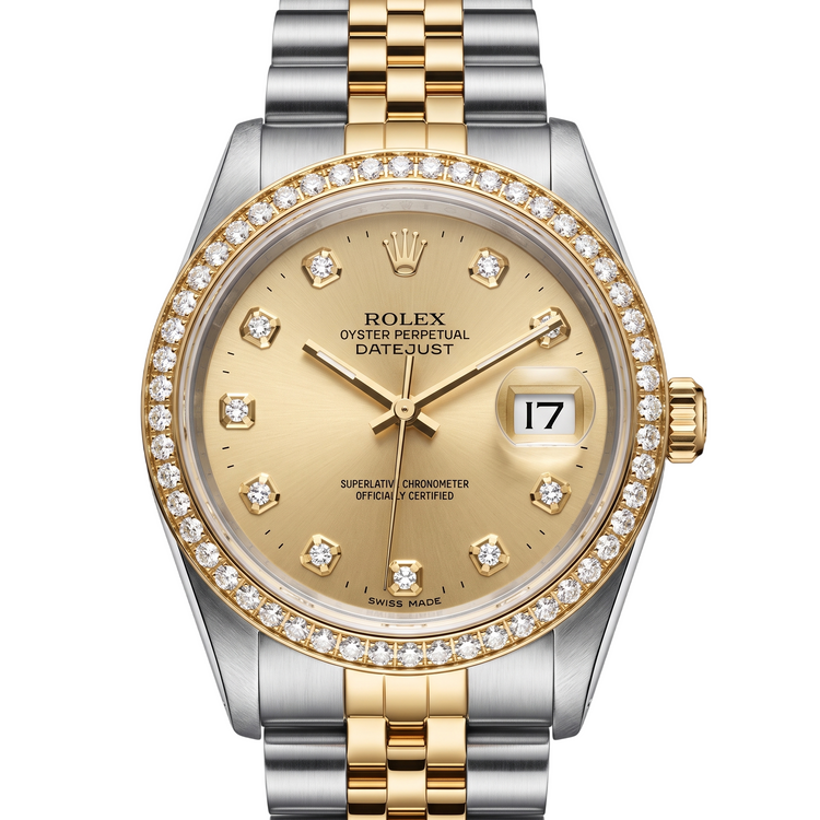 champagne diamant cadran lunette Rolex Datejust regarder or et acier réglage rapide