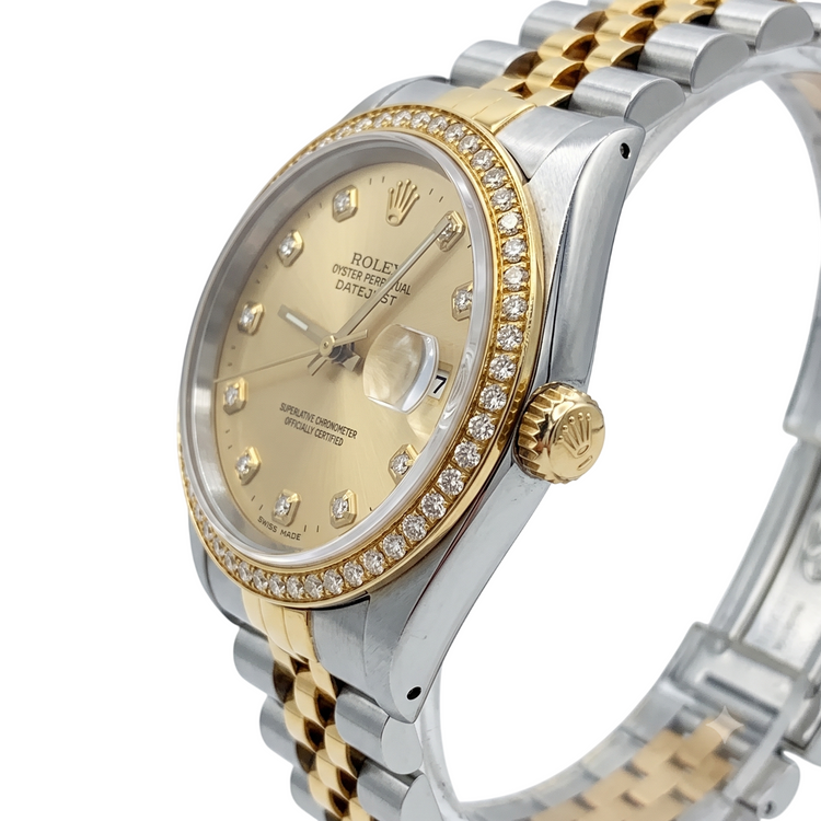champagne diamant cadran lunette Rolex Datejust regarder or et acier réglage rapide