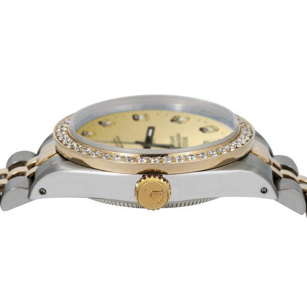 champagne diamant cadran lunette Rolex Datejust regarder or et acier réglage rapide