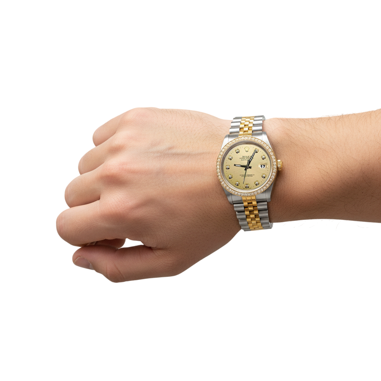 champagne diamant cadran lunette Rolex Datejust regarder or et acier réglage rapide