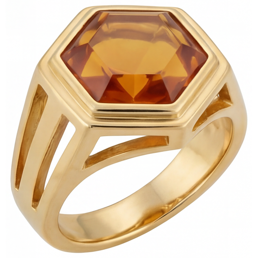 Citrine Hexagon Bague avec Gemme en Or Jaune 14 Carats – vue de face